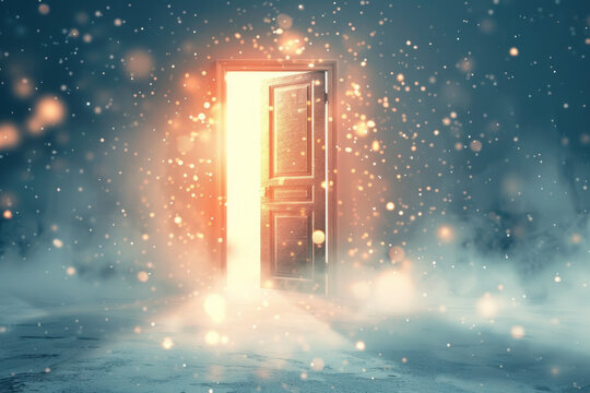 A door floating in a minimalist setting, surrounded by soft, glowing light particles. This design evokes a sense of magic and wonder 