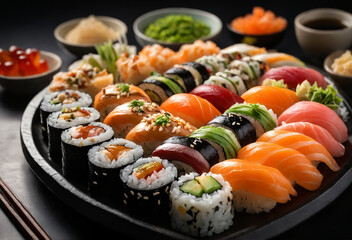 Assortment of fresh sushi rolls on black plate