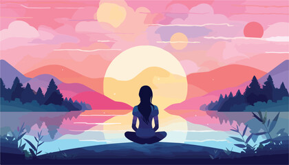 Woman practicing yoga at sunset on the lake. Vector illustration in flat style