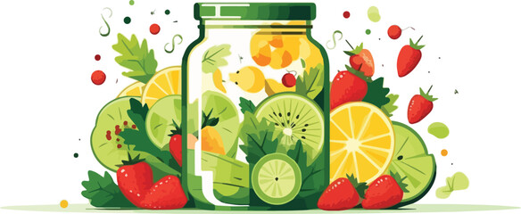 Mason jar with ingredients for lemonade or smoothie. Vector illustration.