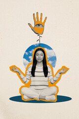 Vertical photo collage of calm happy brunette girl do yoga meditation spiritual hand soul human...