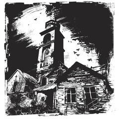 Obraz premium Black white illustration derelict house overshadowed towering church structure, signifying decay abandonment. Haunting scene neglected home church overgrown vegetation, broken windows, somber