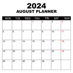 August 2024 Calendar. Week starts on Monday. Blank Calendar Template. Fits Letter Size Page. Stationery Design. Simple set calendar 2024. Monthly calendar template.