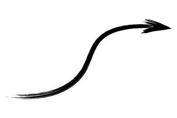 The arrow is curved. Sketch. The black curly arrow points to the right. Hand drawn sign. Vector illustration. Directional signs made from brush strokes. Outline on isolated white background. 