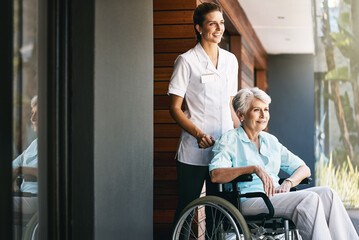 Caregiver, senior woman and help on wheelchair for support, rehabilitation or medical healthcare of...