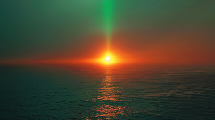 A vibrant sunset over the ocean is highlighted by a rare green flash, casting a mesmerizing glow across the water, Green Flash