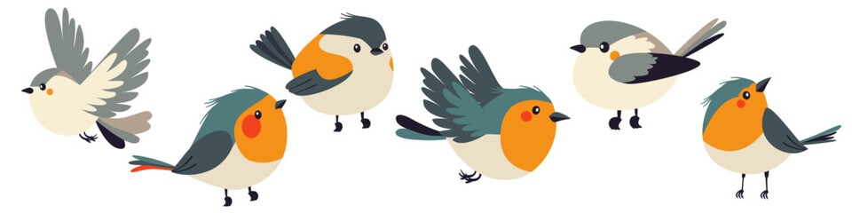 A set of flat vector illustrations in children's style. Cute birds sitting and flying . Vector illustration