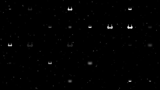 Template animation of evenly spaced bra symbols of different sizes and opacity. Animation of transparency and size. Seamless looped 4k animation on black background with stars