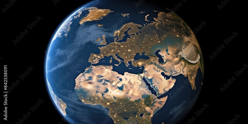 Poster 3d image of a textured earth with golden light patterns. an image of digital art of globe with glowi