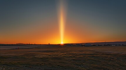 Sun Pillar, glowing vertical beam, serene dusk, rare phenomenon, mesmerizing light effect, enchanting view, cosmic beauty, ethereal light column, picturesque sunset