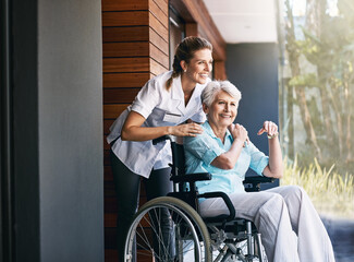 Nurse, senior woman and support on wheelchair for help or rehabilitation of medical healthcare...