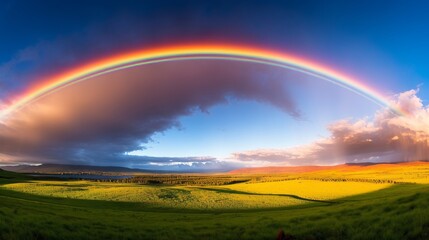 Naklejka premium rainbow over lake colors natural reflection cloudy.