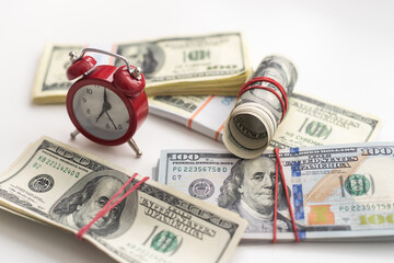 Time is money finance concept with old vintage clocks, dollar bills, spectacles and euro coins