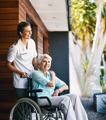 Nurse, senior woman and help on wheelchair for support, rehabilitation or medical healthcare on outdoor walk. Happy caregiver, retirement and person with disability at home for recovery or wellness
