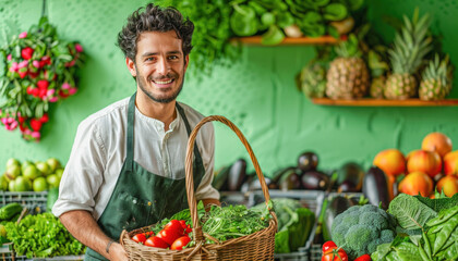 Fototapeta premium In a grocery store, a man is cheerfully holding a basket filled with vegetables