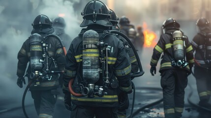 Fototapeta premium Firefighters with Equipment: A group of firefighters preparing their gear and equipment, ready to respond to an emergency