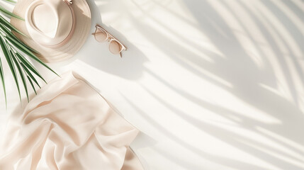 Straw hat and flowing fabric under palm shadow, summer fashion accessories. 