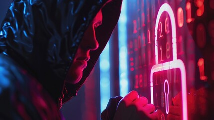 Hacker and Digital Lock: A hacker working to bypass a digital lock or security system, with a padlock icon on the screen