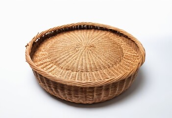 a wicker basket sitting on a white surface