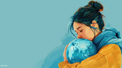 Earth Day awareness. Illustration of woman hugging a globe on blue background. Celebrate Earth Day.