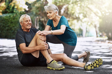 Park, old couple and knee pain with injury, exercise and ache with inflammation, broken and...