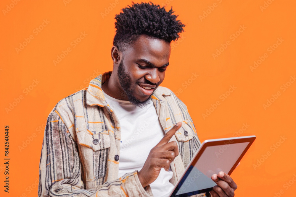 Poster a man is using a tablet computer and pointing at it while looking at the screen