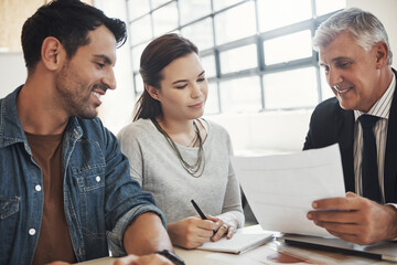 Advice, couple and mature financial advisor with paperwork for consulting, insurance plan or...