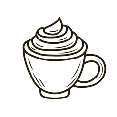 Doodle coffee cup with whipped cream. Outline hand drawn icon for coffee and bakery cafe.