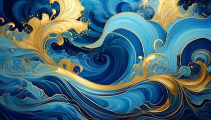 Stunning Abstract Art Featuring Blue and Gold Swirls Mimicking an Ocean Scene