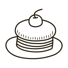 Doodle cake with cherry. Outline hand drawn icon for coffee and bakery cafe.