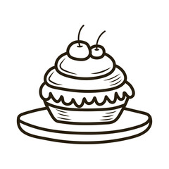 Doodle cake with cherry. Outline hand drawn icon for coffee and bakery cafe.