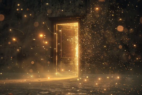 A door floating in a minimalist setting, surrounded by soft, glowing light particles. This design evokes a sense of magic and wonder 