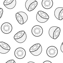 Doodle kiwi black and white seamless pattern. Tropical fruit background in outline. Great for fabric, wrapping and food packaging. Vector illustration