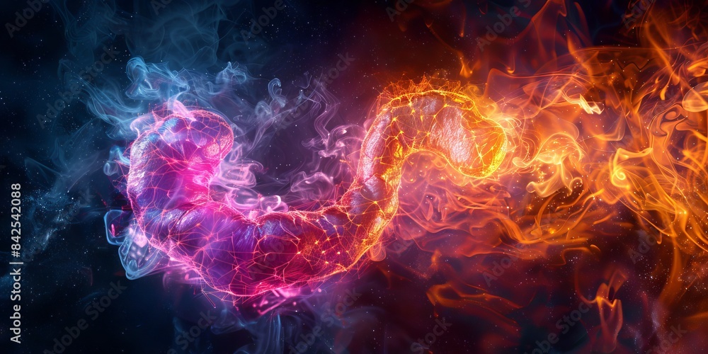 Poster colorful abstract background featuring contrasting swirls of vibrant blue and orange smoke, creating