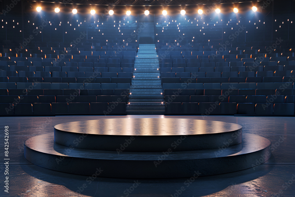 Poster empty stage with lights and stairs, 3d rendering. computer digital drawing,white podiums 3d backgrou