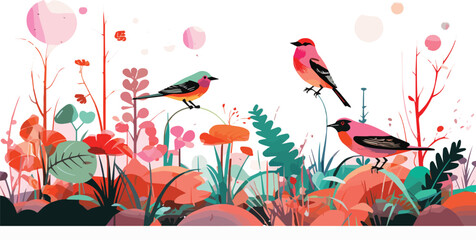 Flower garden with bullfinches and flowers. Vector illustration.