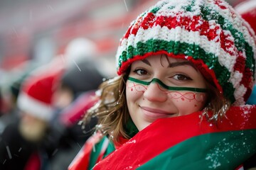 In snowy weather, a fan donned in a team color knit cap and scarf is showing support at an outdoor event