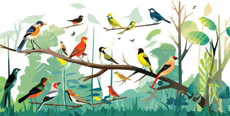 Flock of birds on a branch in the forest. Vector illustration.