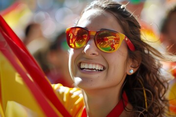 A radiant woman in sunglasses reflects the vibrant ambiance of the event, with colorful flags and painted face