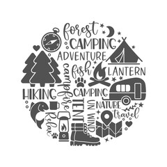 Fototapeta premium Round composition of inscriptions and pictures on the theme of hiking and outdoor recreation