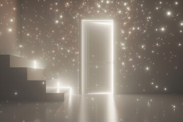 A door floating in a minimalist setting, surrounded by soft, glowing light particles. This design evokes a sense of magic and wonder 