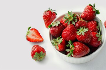  - A stunning, high-definition image capturing the beauty and detail of fresh strawberries. , A close-up of a bowl filled with vibrant red strawberries, isolated against a crisp white background.