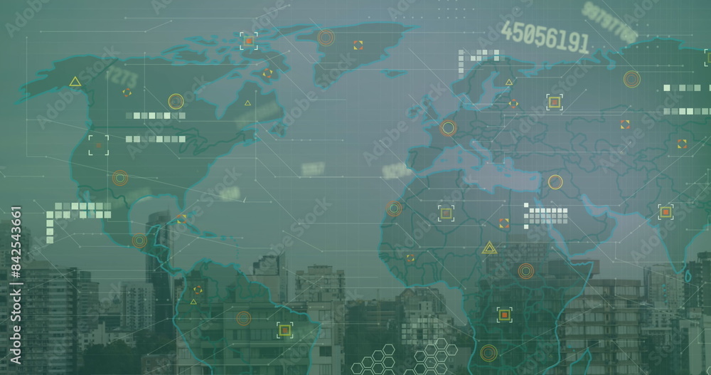 Poster image of financial data processing over map of world and cityscape