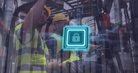 Image of padlock and data processing over diverse workers talking in warehouse