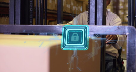 Image of padlock icon over african american male worker using turret truck in warehouse © vectorfusionart