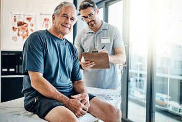 Physiotherapy, chiropractor with clipboard and old man for rehabilitation, recovery and treatment....