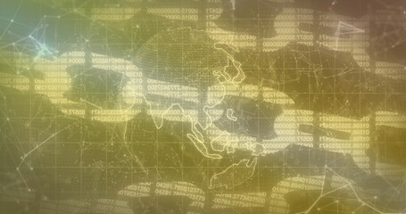 Image of computer data processing over globe and chains