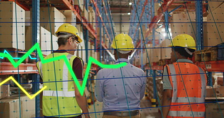 Image of financial data processing over diverse people working in warehouse
