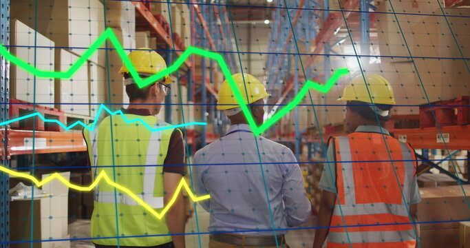 Image of financial data processing over diverse people working in warehouse