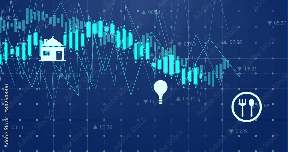 Aufkleber image of digital icons and data processing over grid network against blue background, copy space